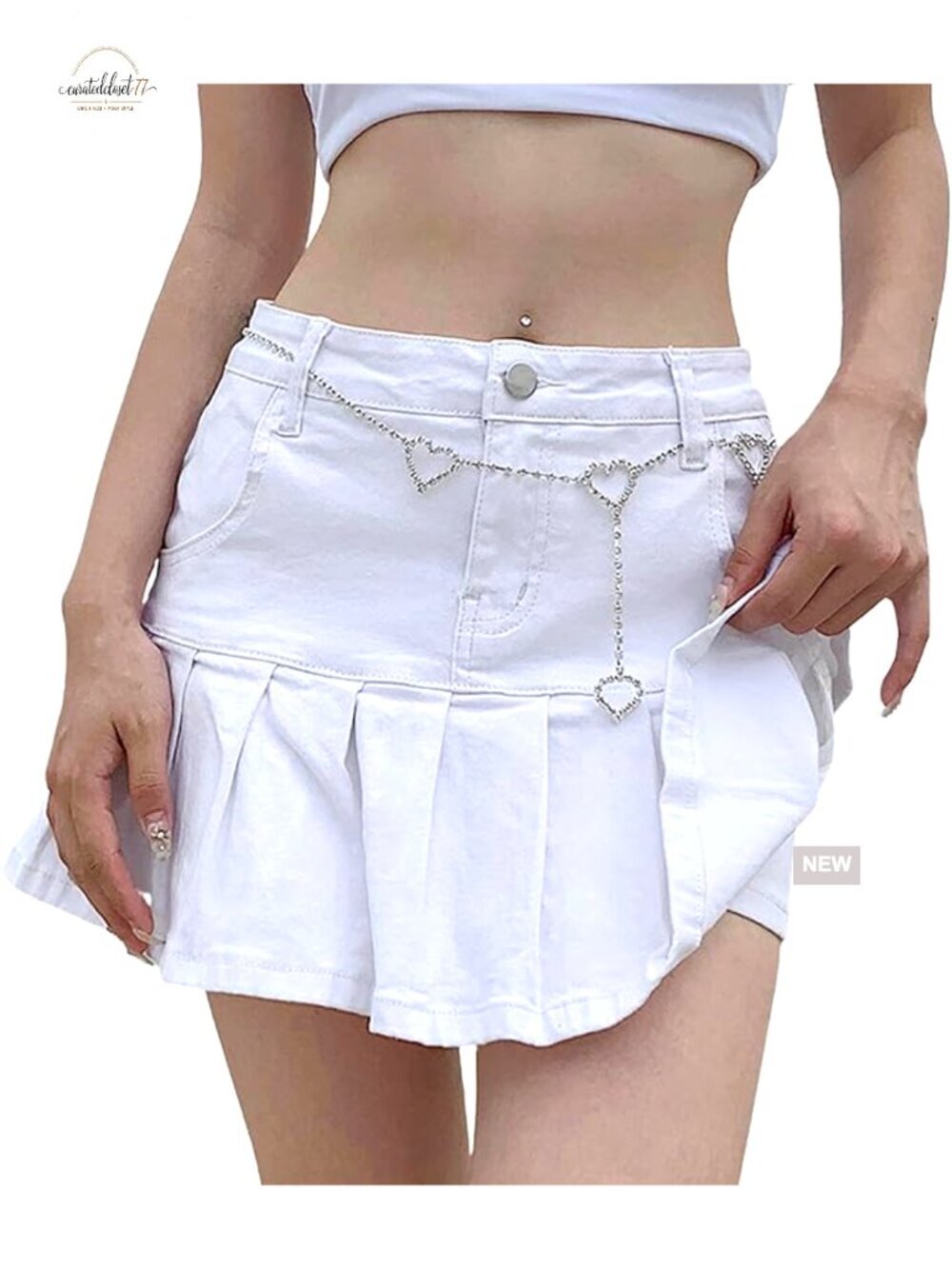 Pleated Denim Mini Skirt A-Line High Waist with Pockets Casual Y2K Style